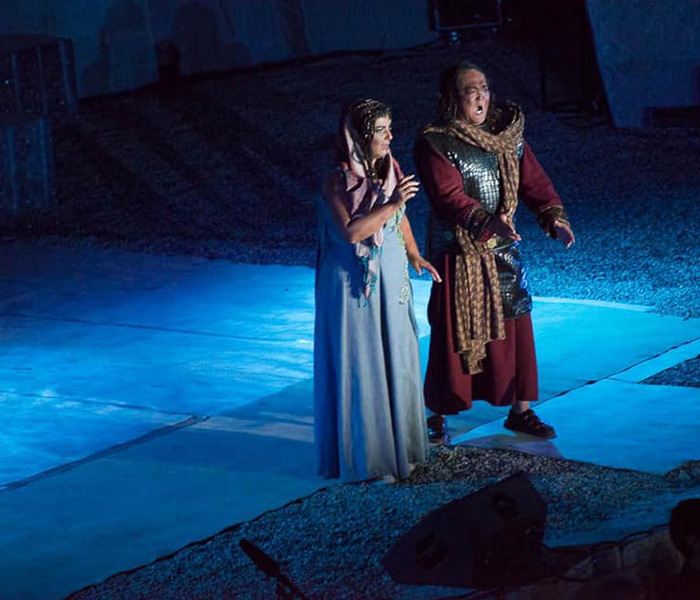 この写真は、頭マルタが擬人化したアイダと彼女の父親アモナスロが美しい故郷を記憶するための地平線に面しているデュエットのアイダオペラ3幕場面を表しています.